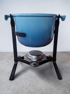 Rare Le Creuset Vintage Blue Enamel Fondue Pot Set w/ Stand & Burner France #2